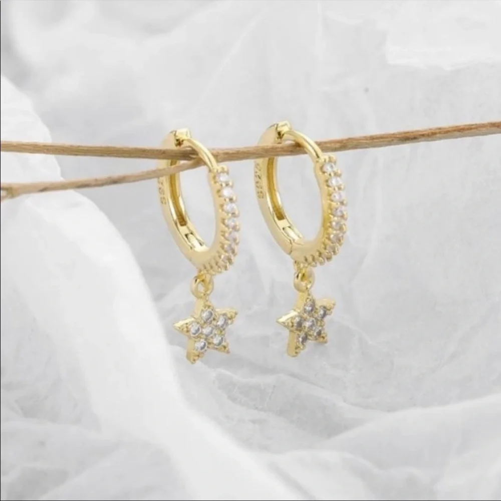 NEW STAR GOLD 925 STERLING SILVER HOOP EARRINGS,WONDERFUL EARRINGS,WOW EARRINGS - Picture 2 of 6